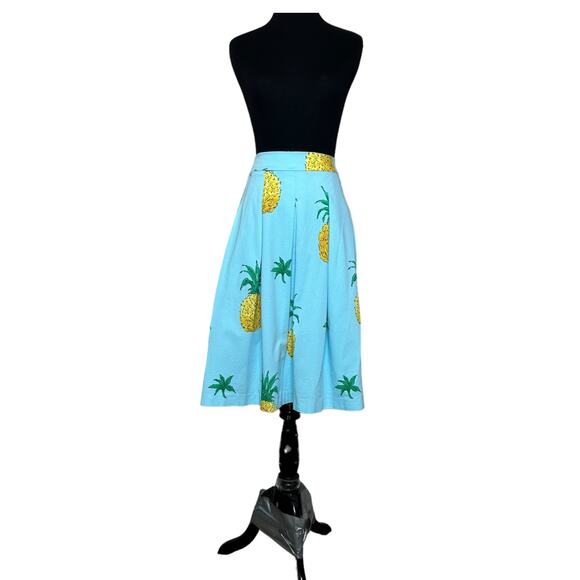 Talbots blue yellow pineapple print pleated midi skirt size 8 - Picture 6 of 12